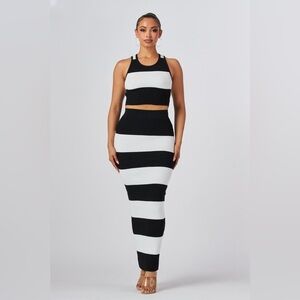 Black and Oatmeal Striped Two-Piece Halter Crop Top Midi Maxi Skirt Set